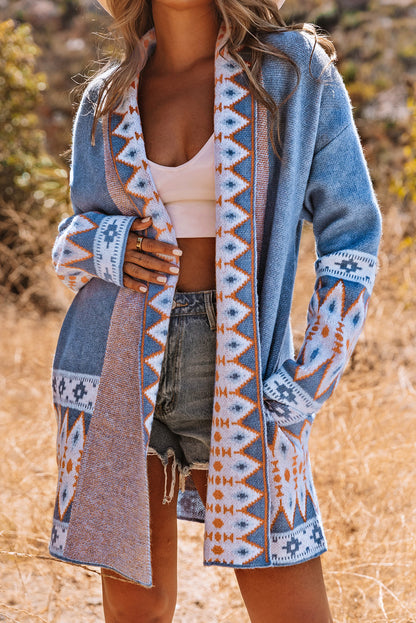 Aztec Print Knitted Long Cardigan