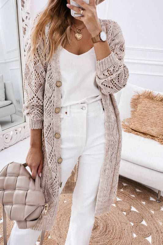 Khaki Openwork Knit Cardigan