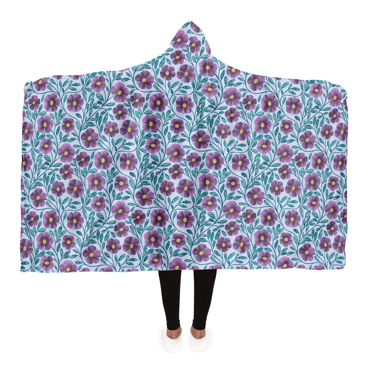 Violet Blue Floral Sherpa Lined Hooded Blanket Back