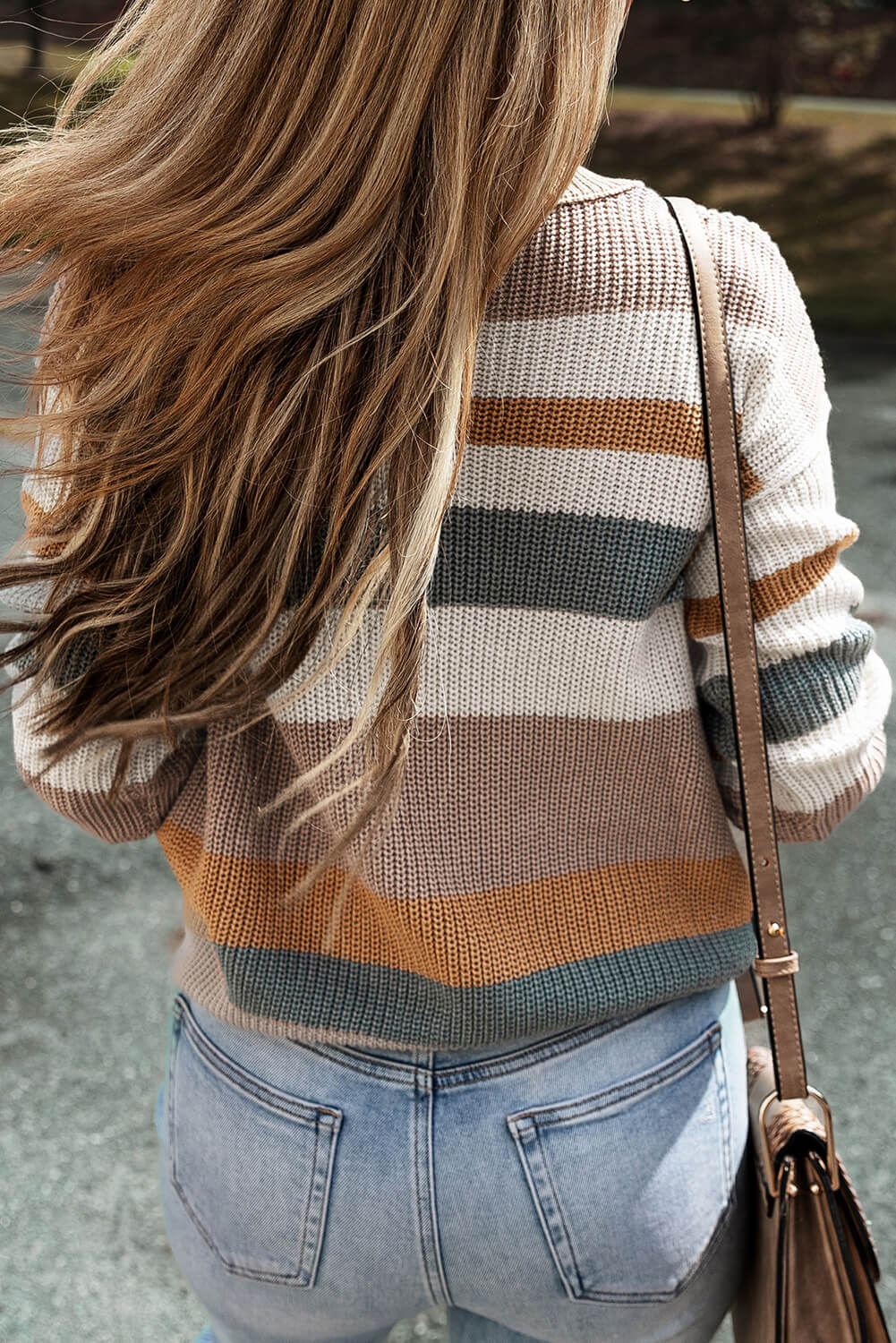 Camel Striped Colorblock Knit Sweater