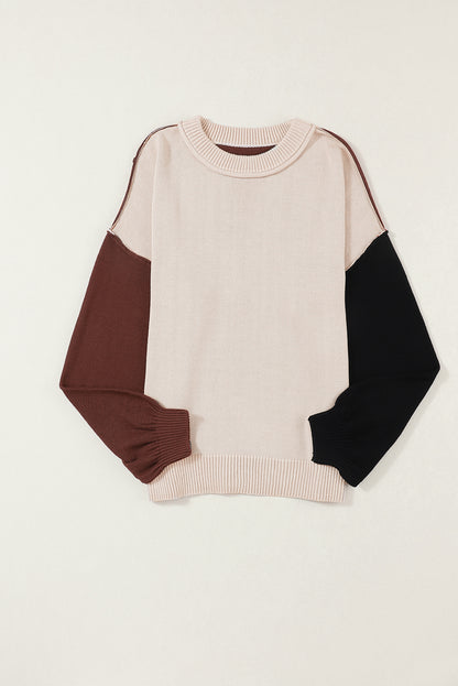 Coffee Colorblock Bishop Sleeve Ribbed Trim Sweater