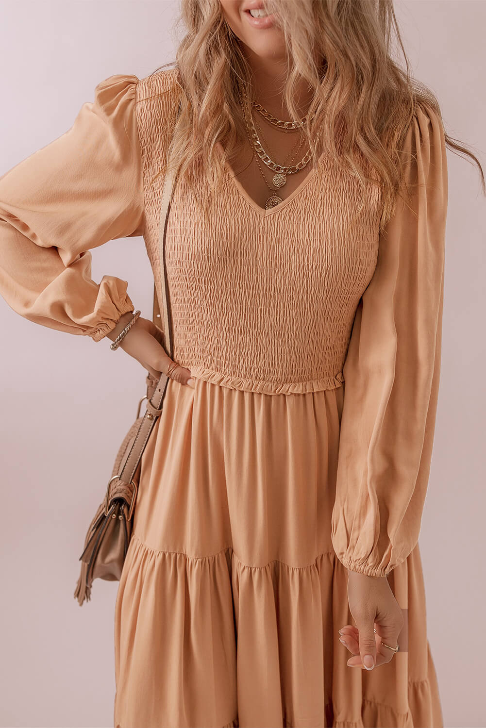 Chestnut Smocked Long Sleeve Ruffle Dress