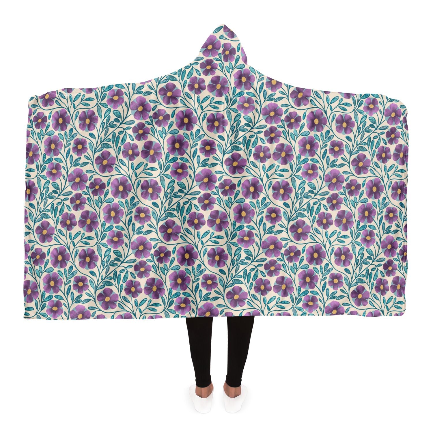 Violet Cream Floral Sherpa Lined Hooded Blanket