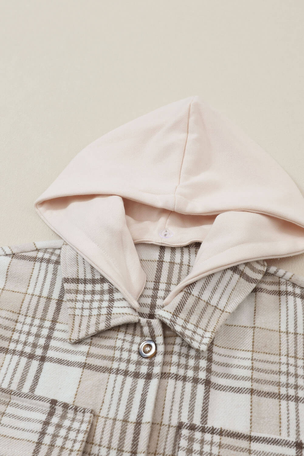 Khaki Plaid Removable Hood Buttoned Shacket