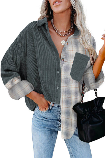 Gray Plaid Button-up Oversize Corduroy Shirt