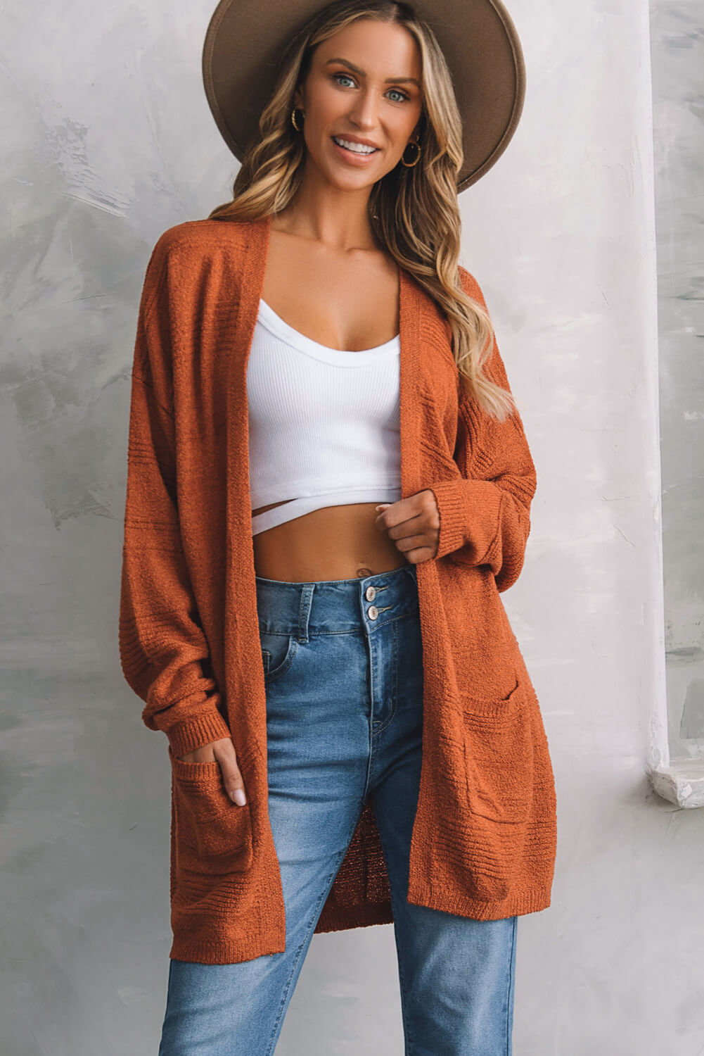 Red Textured Knit Pocket Cardigan