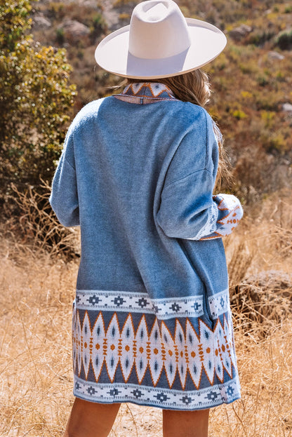 Aztec Print Knitted Long Cardigan